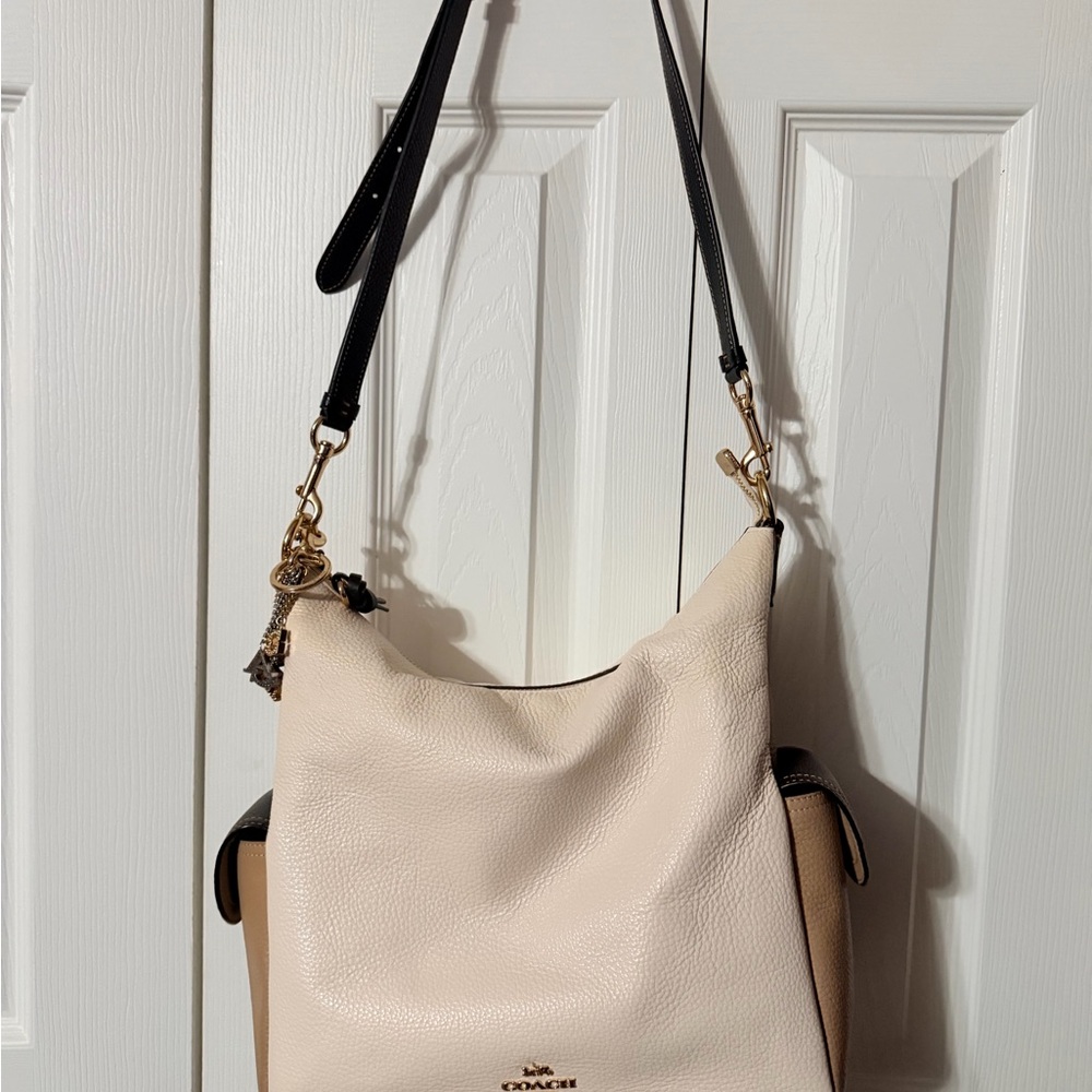 Coach Two-Tone Pebbled Leather Hobo — Cream & Tan with Brown Strap